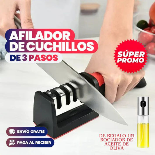 Afilador de cuchillos de 3 Pasos y lleva de regalo un rociador de aceite de oliva